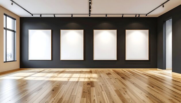 Minimalist art gallery space with blank canvases and wooden floor