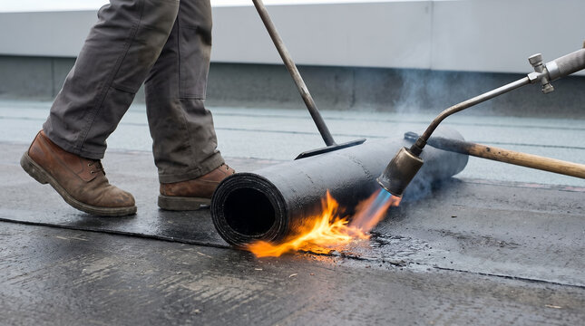 Roofer installing bituminous membrane roll on flat roof using gas torch during waterproofing works