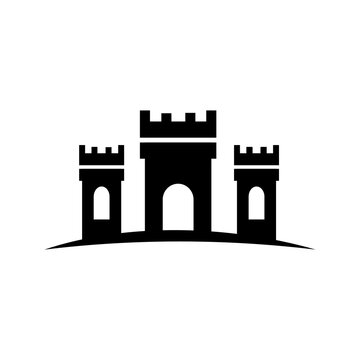 Medieval castle fortress with three towers silhouette icon