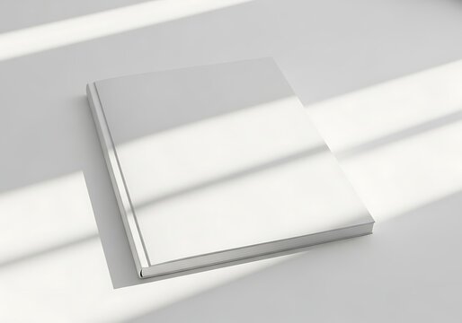 Blank white exercise book or notebook mockup with soft sunlight shadows, branding template, stationery design layout