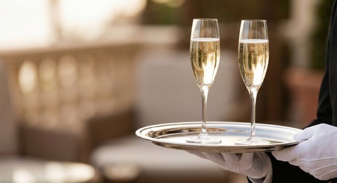 Butler in white gloves serving champagne on a silver tray