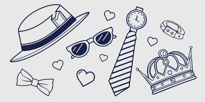 Hand drawn male style accessories doodles featuring fedora hat sunglasses striped necktie crown and heart symbols