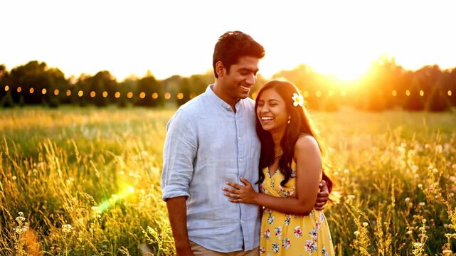happy indian couple laughing in summer field at sunset. smiling man and woman in love enjoying romantic evening outdoor with string lights. lifestyle magazine, dating platform, wedding blog.