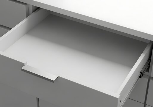 Open empty white drawer showing interior storage space with metal sliding rail mechanism, modern furniture interior design element