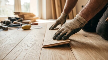  Primer plano de las manos de un trabajador con guantes instalando suelo laminado de madera. Concepto de renovación del hogar, construcción y bricolaje © Olga Ко