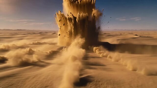 Burning meteorite crashing into sandy desert with fiery sparks and shockwave