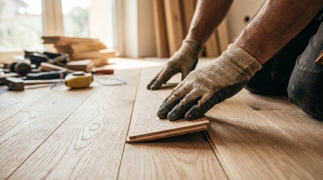  Primer plano de las manos de un trabajador con guantes instalando suelo laminado de madera. Concepto de renovaci&oacute;n del hogar, construcci&oacute;n y bricolaje