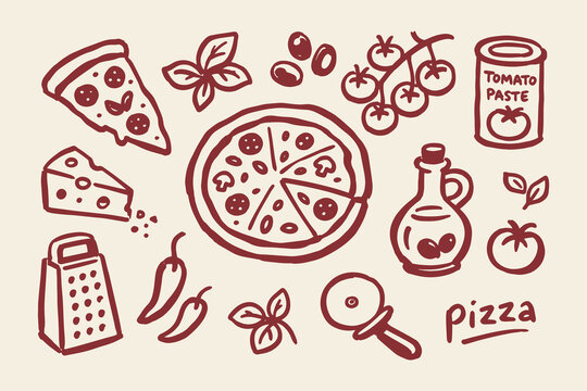 Pizza Ingredients Set Red Doodle Sketch Vector