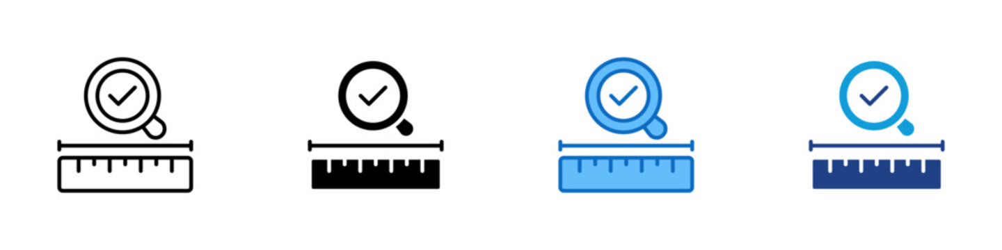 Measurement Check Multiple Style Icon Design Vector - Ruler with check magnifier representing measurement verification, quality control, and precision inspection