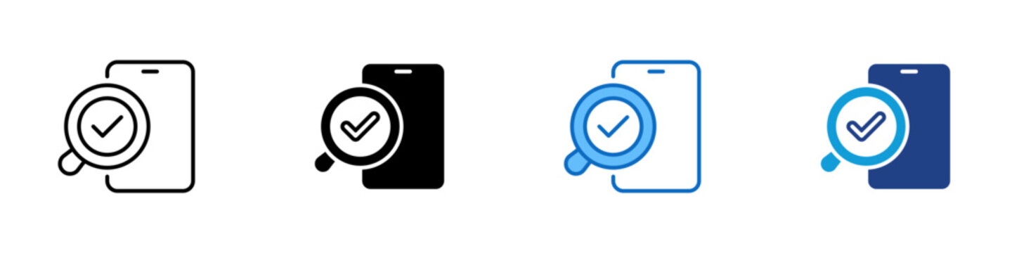 Mobile Verification Multiple Style Icon Design Vector - Smartphone with check magnifier representing mobile verification, app testing, and digital quality assurance