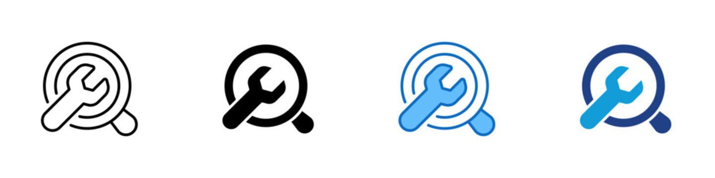 Maintenance Check Multiple Style Icon Design Vector - Magnifier with wrench representing maintenance inspection, technical repair, and service diagnostics