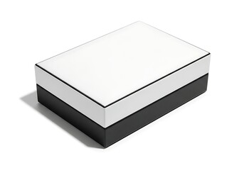 Fototapeta premium Isolated rectangular jewelry gift box with white lid and textured black base, empty packaging container for luxury items