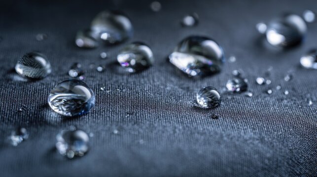 water drops rolling off waterproof fabric dwr coating macro surface tension physics textile detail clean background