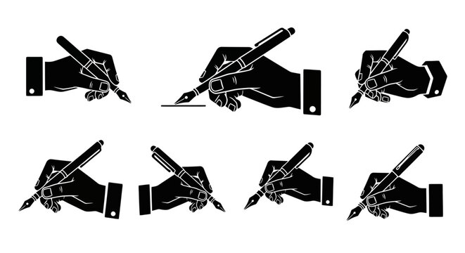Hands holding various writing instruments.