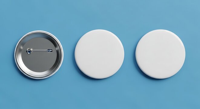 Set of three round white button badges, blank pinback buttons for custom design and branding, accessories for marketing campaigns