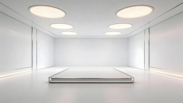 Minimalist white room with central platform