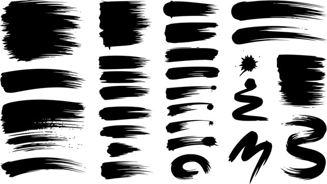 Black brush strokes, ink textures, abstract vector set, 40 grunge elements