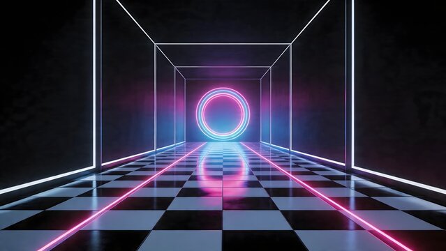Neonlit checkered corridor with glowing circle