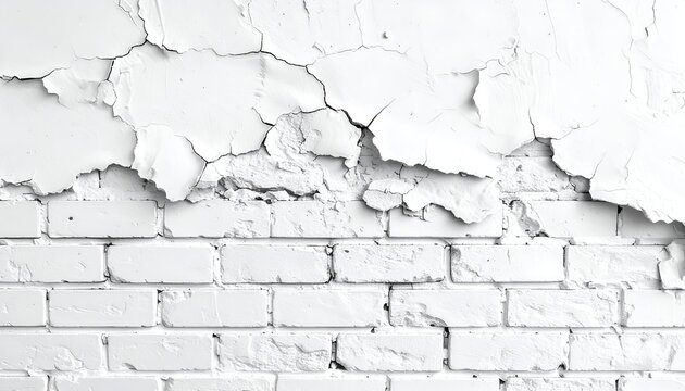 White brick wall with peeling, cracking, and aged paint texture