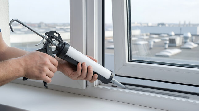 Close up of worker hands applying silicone sealant with caulking gun to white plastic window frame