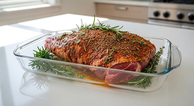 Roasted lamb leg on glass tray with herbs and vegetables in modern kitchen. pierna cordero
