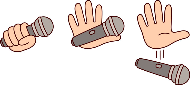 Mic drop cartoon drawing. Hand holding and dropping microphone. Simple vector clipart illustration.
