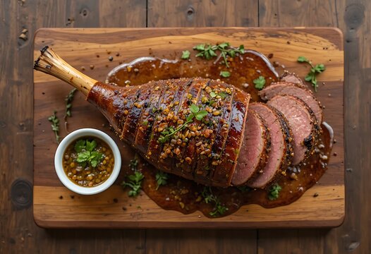 Roasted Lamb Leg with Gravy and Herbs, Sliced and Served on a Wooden Board. pierna cordero