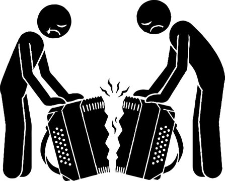Two sad figures pulling apart a broken accordion instrument