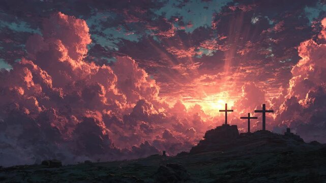 Three Crosses at a Dramatic Sunrise, a powerful background for worship and spiritual projects.