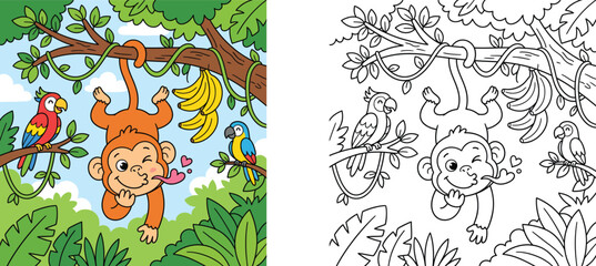 Fototapeta premium Cute Monkey Hanging Upside Down in Jungle with Parrots and Bananas Coloring Book Page for Kids, Vector Illustration of Tropical Animals with Colored Example and Line Art