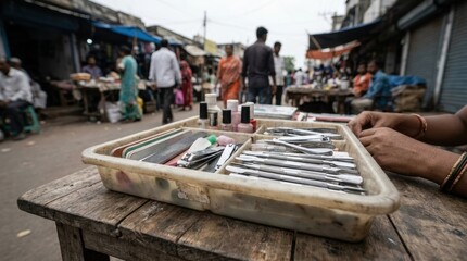 Obraz premium Manicure tools and nail polish bottles displayed in a tray on a wooden table at a market