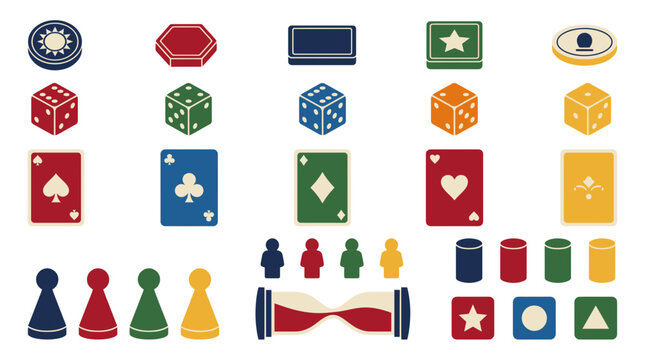 Collection of colorful board game pieces and playing cards elements