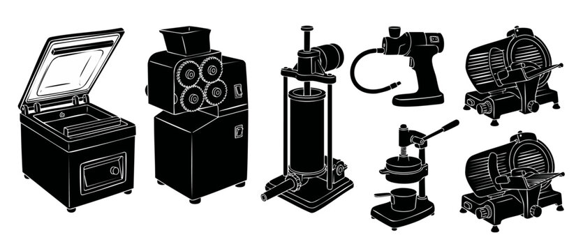 Commercial Kitchen Food Equipment Icons Set for Catering and Restaurant Preparation. Professional industrial cooking appliances including meat slicers, sausage fillers, and vacuum sealers for chefs.