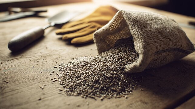 Ryegrass seeds spilling from burlap onto old wood table, with garden trowel and one leather glove, soft morning light, gardening concept