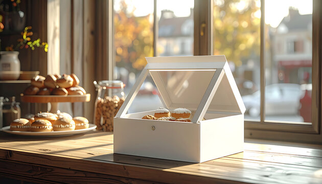 Cozy bakery display case with fresh pastries, warm autumn light streaming through window, blurred street view