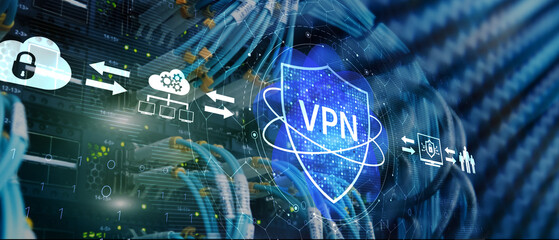 Fototapeta premium Secure VPN Connection Technology Visualization with Digital Shield and Network Infrastructure Servers