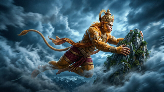 Powerful deity Hanuman soaring through stormy clouds while lifting a mountain, showcasing strength and determination. Hanuman embodies devotion, heroism, and mythical significance in Hindu mythology.