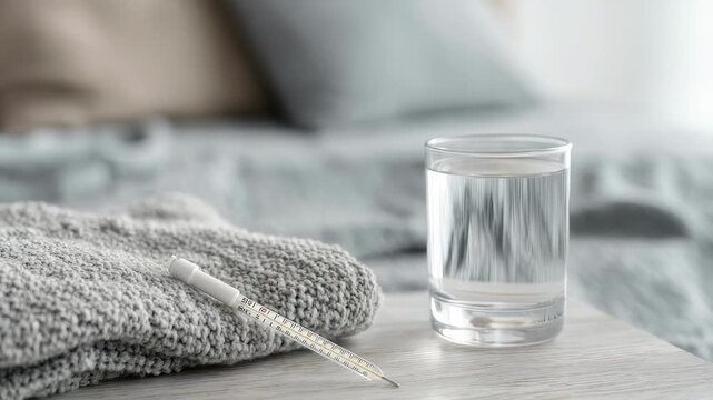 A glass of clear water and a medical thermometer rest on a wooden bedside table, with a soft knitted blanket nearby. The cozy bedroom background suggests a calm recovery environment