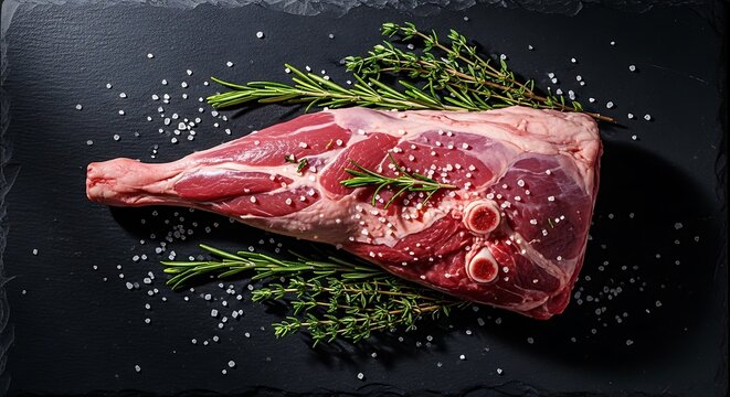 Raw lamb leg with rosemary on dark slate background, fresh meat preparation close-up. pierna cordero