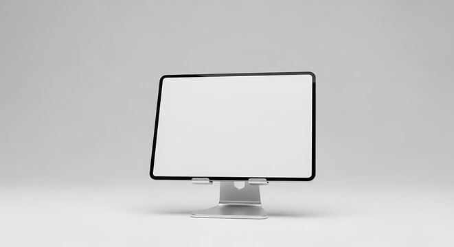 Isolated tablet mockup on a metallic adjustable stand, clean digital display for presentation, professional workspace layout
