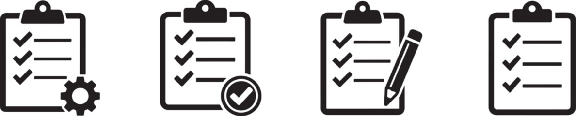 Clipboard checklist icon with gear, magnifier and pencil for quality check, tasks and inspection. © mstsalha