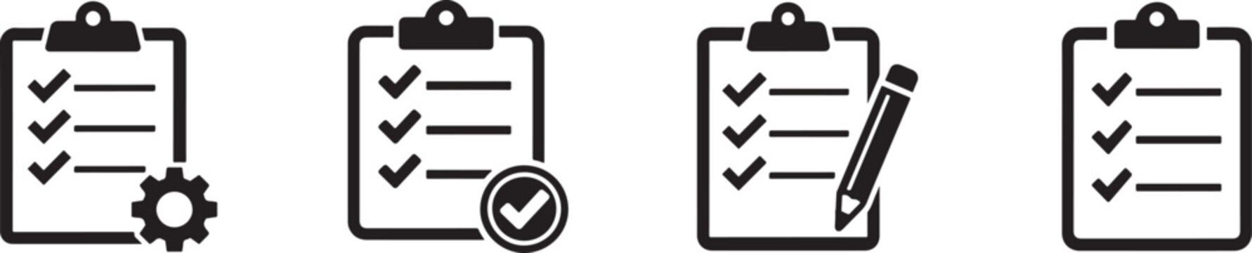 Clipboard checklist icon with gear, magnifier and pencil for quality check, tasks and inspection.