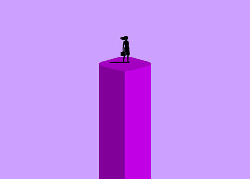 Businesswoman on a purple tower representing success and vision