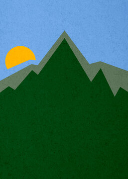 Minimal vintage mountain illustration with sun and textured sky