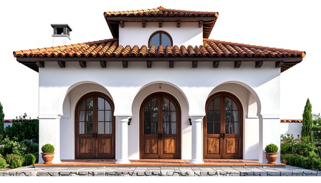 White villa arches, wooden doors, orange tile roof. Isolated background