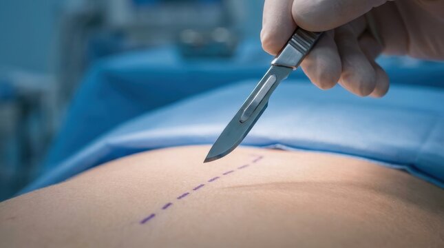 Surgeon's hand holding scalpel above dashed purple line on skin during medical procedure