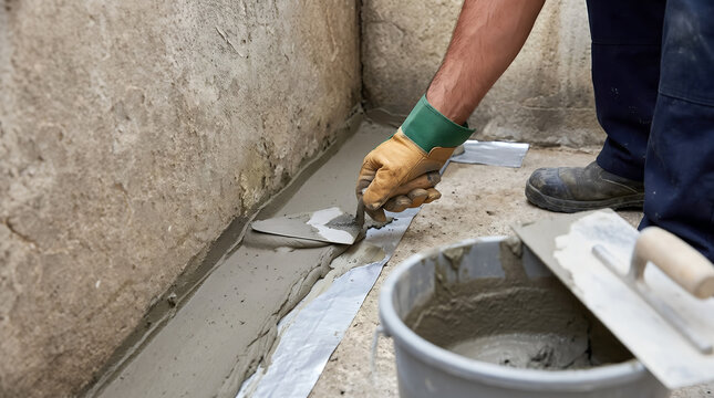 Close up of construction worker applying waterproof cement mortar over sealing tape at joint