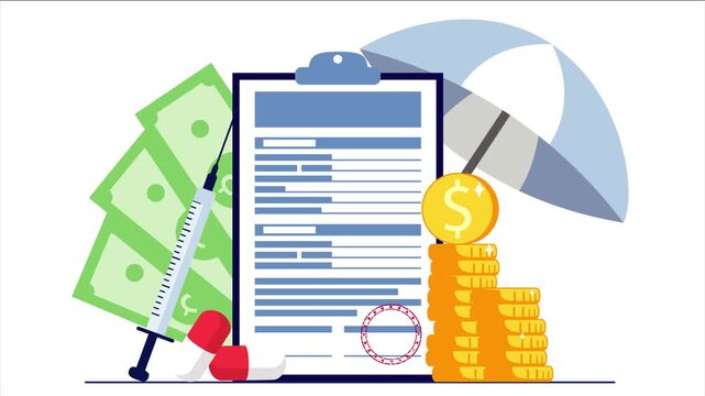 Financial documents shielded by umbrella with money and coins on a desk