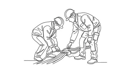 Obraz premium continous line art Two construction workers handling a wooden plank.