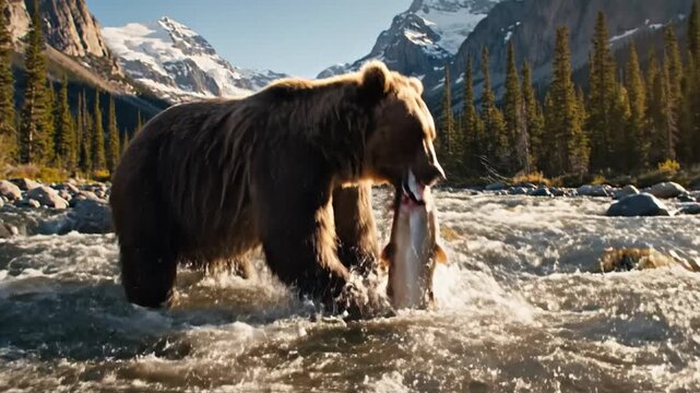 Grizzly bear forages in a rushing river with mountain backdrop scene